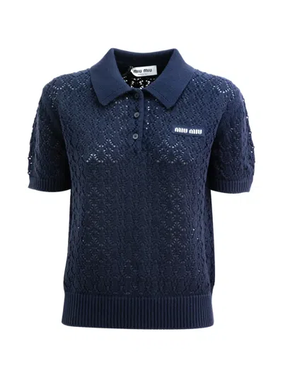 Miu Miu Open-knit Logo-patch Polo Top In Blue