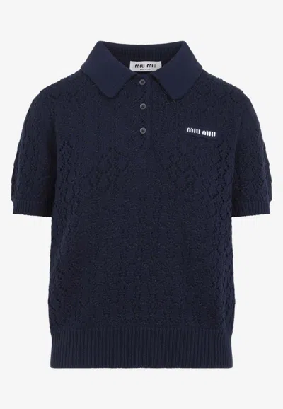 Miu Miu Openwork Lace-effect Knit Polo T-shirt In Blue