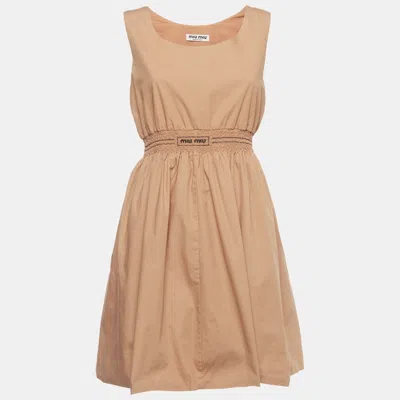 Pre-owned Miu Miu Orange Logo Embroidered Cotton Poplin Smocked Mini Dress M