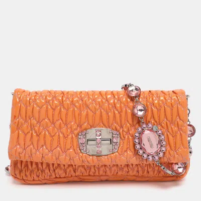 Pre-owned Miu Miu Orange Matelasse Leather Crystal Flap Shoulder Bag