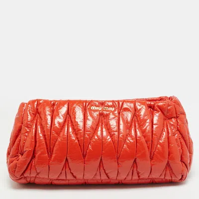 Pre-owned Miu Miu Orange Matelassé Patent Leather Oversized Pouch Clutch