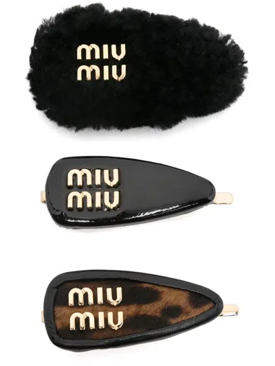 Miu Miu Logo Lettering Hair Clips - Set Of 3 In Black