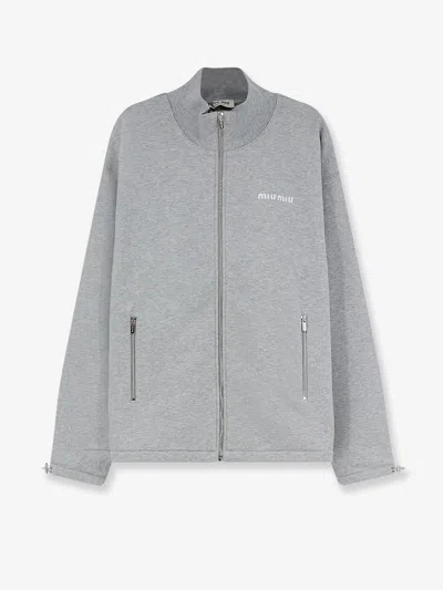 Miu Miu Cotton Oversize Sweatshirt Adjustable Hem High Collar In Gray