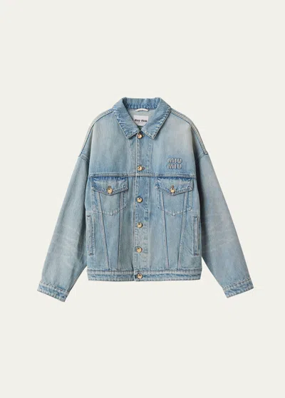 Miu Miu Logo-appliqué Denim Jacket In F0076 Celeste