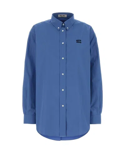 Miu Miu Oversized Poplin Logo Shirt In Blue