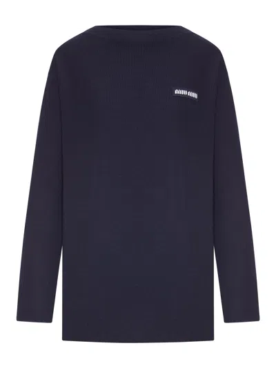 Miu Miu Oversized Ribbed Knit Sweater With Logo In Blue