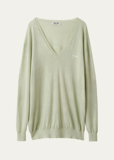 Miu Miu Oversized V-neck Cashmere Sweater In F0aqi Agave