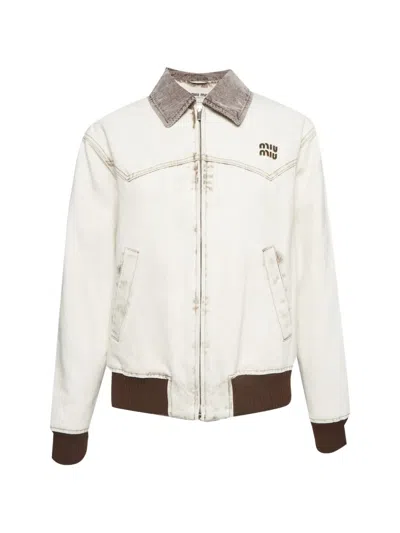 Pre-owned Miu Miu Oversized Zip-up Denim Bomber Jacket In White
