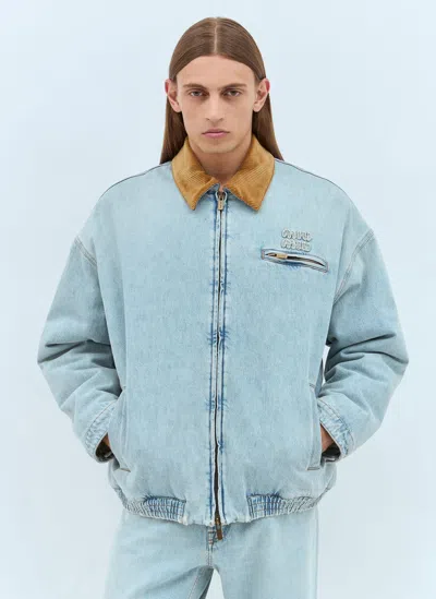 Miu Miu Logo Corduroy-trimmed Denim Blouson In Blue