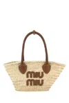 Miu Miu Woven Palm Shopping Tote With Braided Handles In Gold