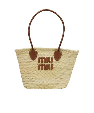 Miu Miu Palmetto Medium Straw Shoulder Bag In Nude
