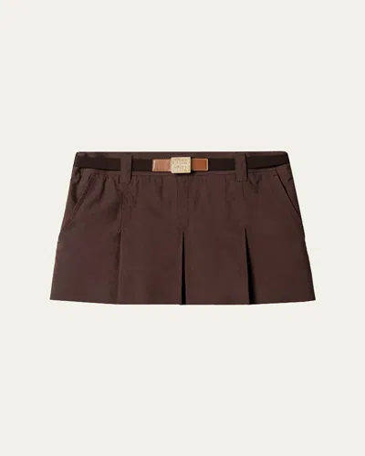 Miu Miu Panama Cotton Mini Pleated Skirt In Brown