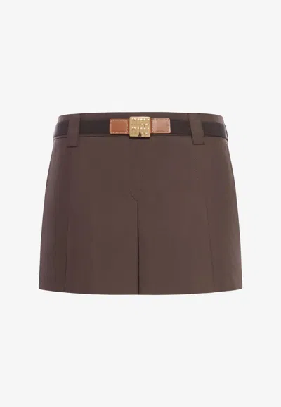 Miu Miu Panama Pleated Mini Skirt In Brown