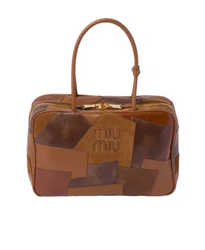 Miu Miu Leather Patchwork Beau Bag In Brown