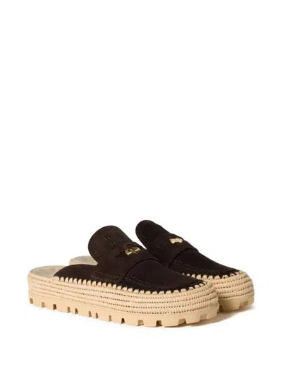 Miu Miu Suede And Raffia Flatform Mules In Brown