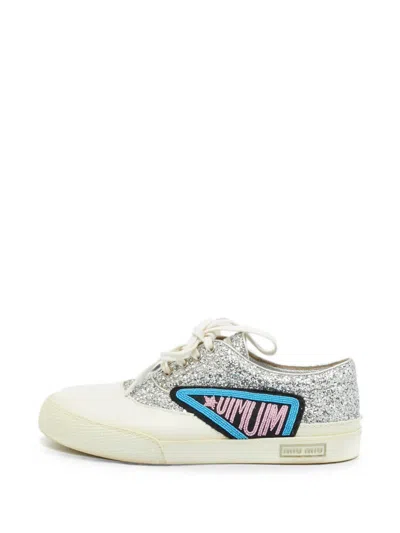 Pre-owned Miu Miu Patch Glitter Sneakers In White