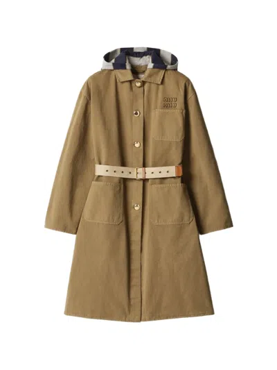 Miu Miu Contrast Hood Trench Coat With Belt In Multi