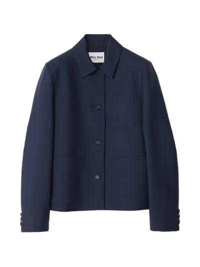 Miu Miu Patch-pocket Embroidered-logo Jacket In Blue