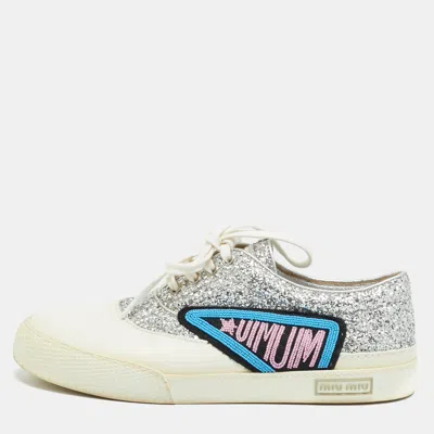 Pre-owned Miu Miu Patch Size 38.5 White/silver Glitter And Leather Low Top Sneakers