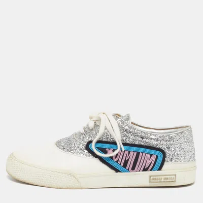 Pre-owned Miu Miu Patch Size 40 White/silver Glitter And Leather Low Top Sneakers
