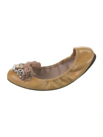 Pre-owned Miu Miu Patent Leather Bow Accents Ballet Flats In Brown