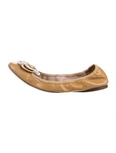 Pre-owned Miu Miu Patent Leather Bow Accents Ballet Flats In Neutral