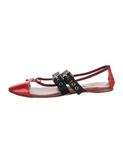Pre-owned Miu Miu Patent Leather Bow Accents Ballet Flats In Red