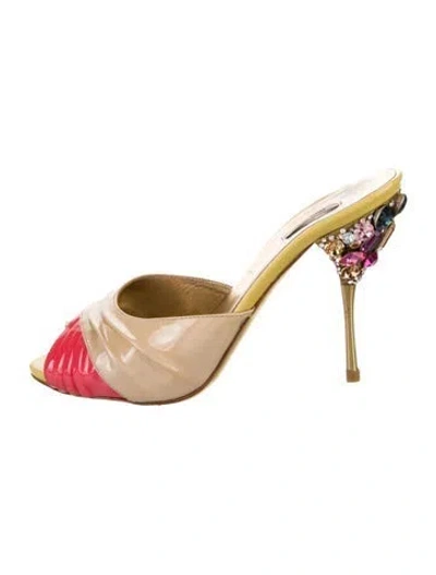 Pre-owned Miu Miu Patent Leather Colorblock Pattern Slides In Yellow