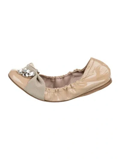 Pre-owned Miu Miu Patent Leather Crystal Embellishments Ballet Flats In Neutral