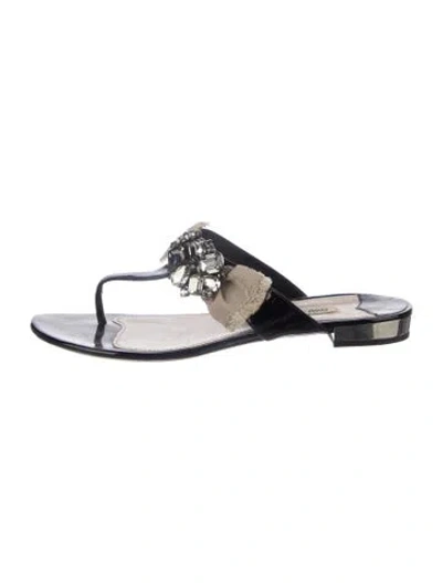 Pre-owned Miu Miu Patent Leather Crystal Embellishments Flip Flops In Black