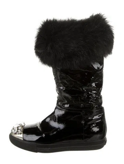 Pre-owned Miu Miu Patent Leather Crystal Embellishments Lace-up Boots In Black