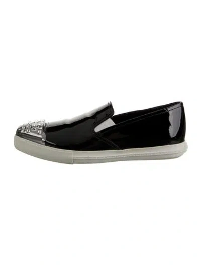 Pre-owned Miu Miu Patent Leather Crystal Embellishments Loafer Sneakers In Black