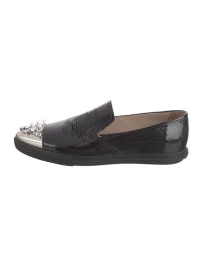 Pre-owned Miu Miu Patent Leather Crystal Embellishments Loafers In Black