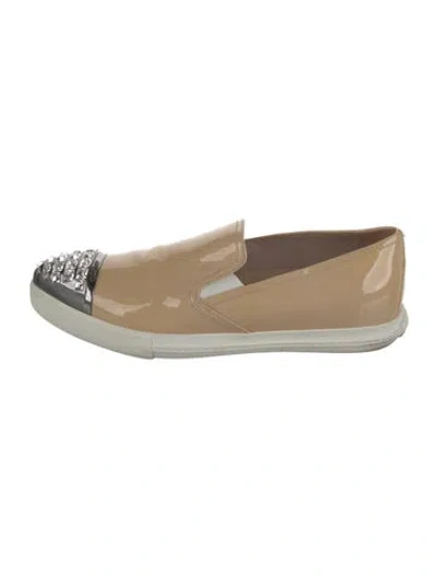 Pre-owned Miu Miu Patent Leather Crystal Embellishments Loafers In Neutral