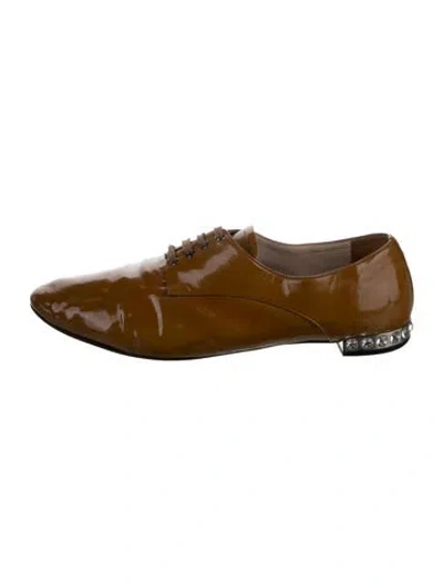 Pre-owned Miu Miu Patent Leather Crystal Embellishments Oxfords In Brown
