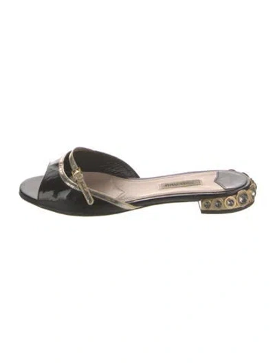 Pre-owned Miu Miu Patent Leather Crystal Embellishments Slides In Black