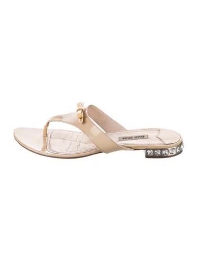 Pre-owned Miu Miu Patent Leather Crystal Embellishments Slides In Neutral