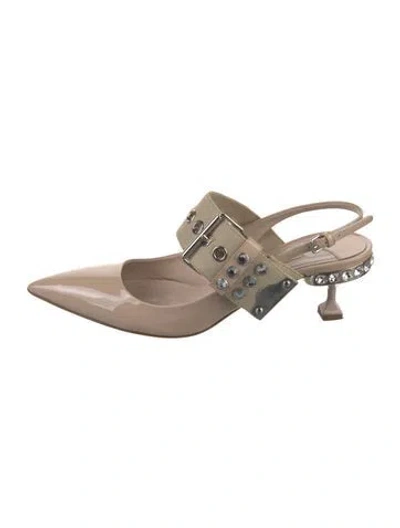 Pre-owned Miu Miu Patent Leather Crystal Embellishments Slingback Pumps In Neutral