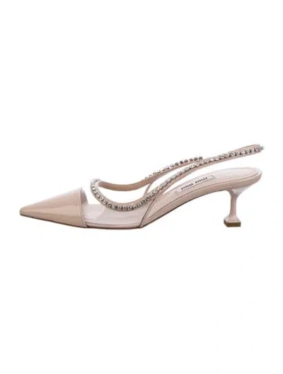 Pre-owned Miu Miu Patent Leather Crystal Embellishments Slingback Pumps In Neutral
