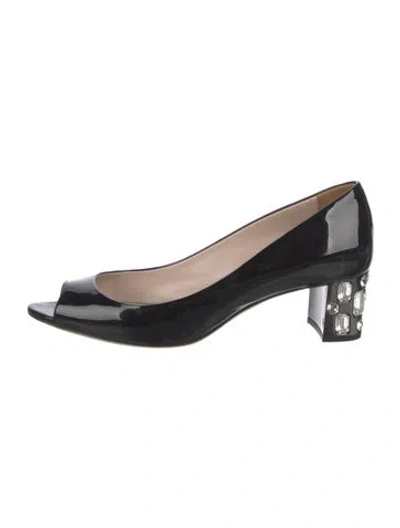 Pre-owned Miu Miu Patent Leather Crystal Embellishments Slingback Sandals In Black