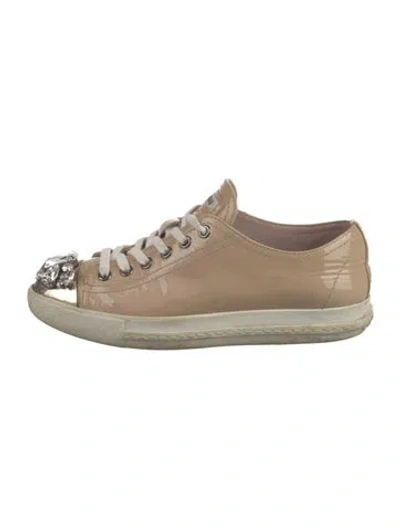 Pre-owned Miu Miu Patent Leather Crystal Embellishments Sneakers In Neutral