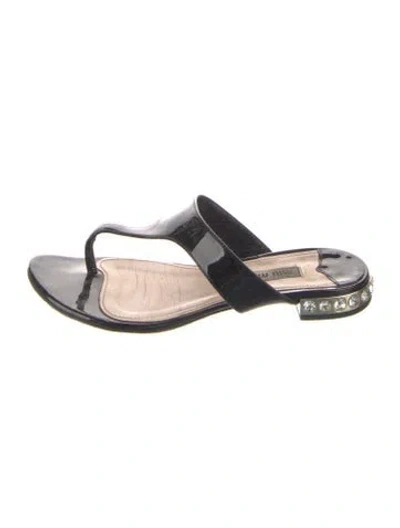 Pre-owned Miu Miu Patent Leather Crystal Embellishments T-strap Sandals In Black