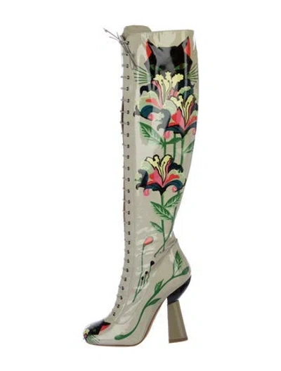 Pre-owned Miu Miu Patent Leather Floral Print Boots In Gray