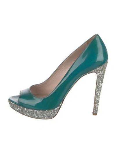 Pre-owned Miu Miu Patent Leather Glitter Accents Pumps In Blue