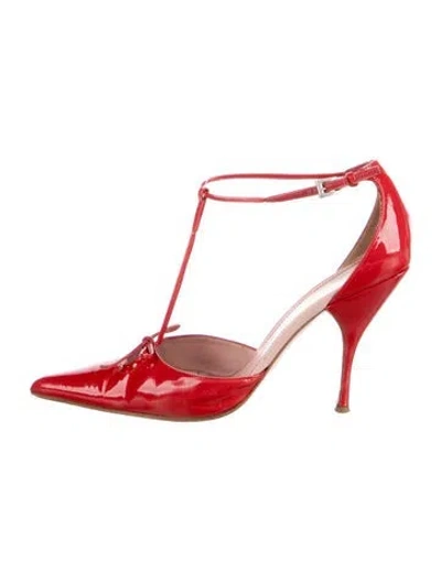Pre-owned Miu Miu Patent Leather Lasercut Accents T-strap Pumps In Red