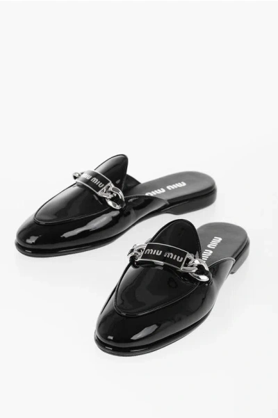 Miu Miu Patent Leather Mules Wiith Plaque Detail In Black