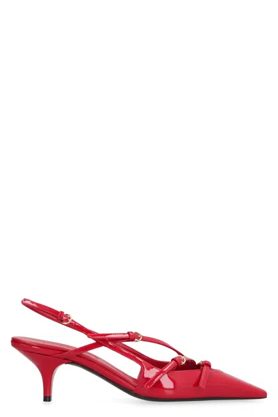 Miu Miu Patent Leather Slingback Pumps With Gold Buckle Straps In Red