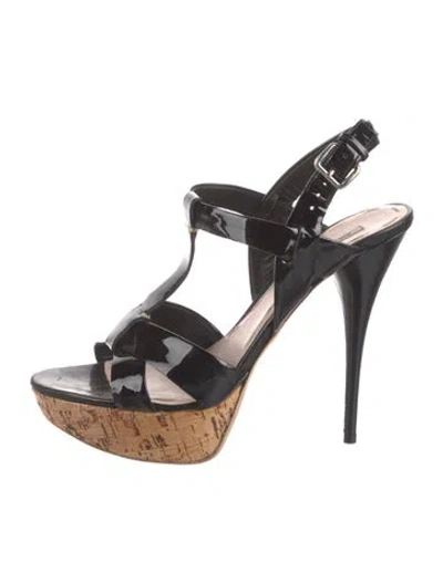 Pre-owned Miu Miu Patent Leather T-strap Sandals In Black