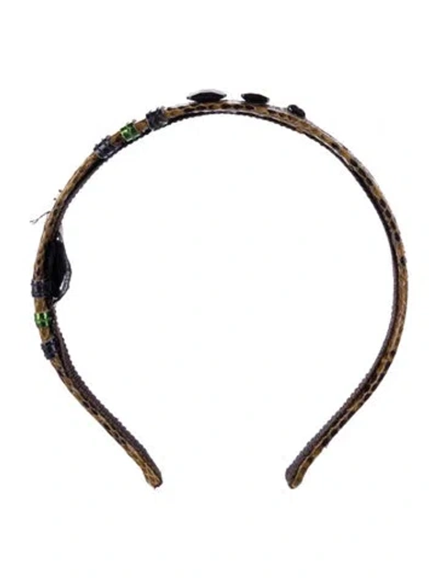 Pre-owned Miu Miu Pattern Print Embossed Leather Hairband In Brown