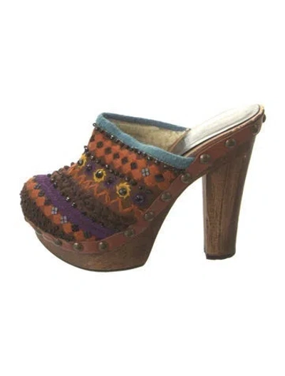 Pre-owned Miu Miu Patterned Crystal Embellishments Mules In Brown/neutrals/purple